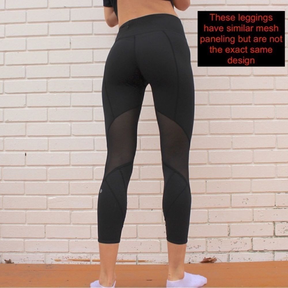 Lululemon Cropped Leggings-Black-Mesh Panels on Legs-Zippered Pockets-Size 8